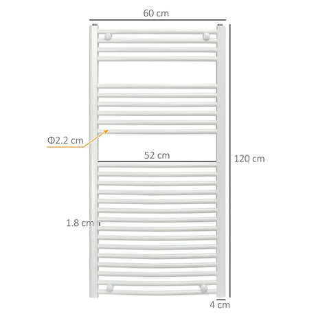 HOMCOM Curved Heated Towel Rail, Hydronic Bathroom Ladder Radiator Towel Warmer For Central Heating 600mm x 1200mm, White