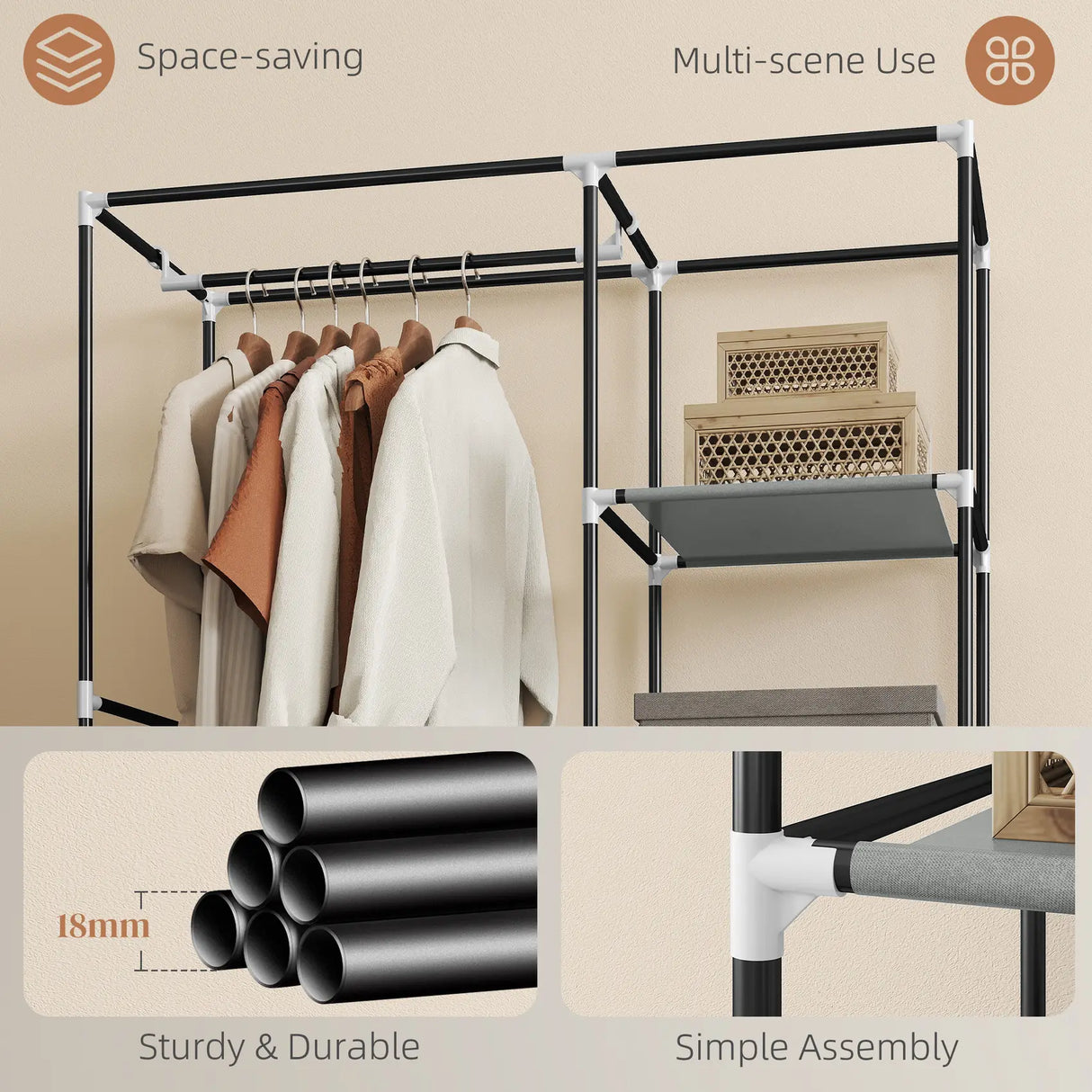 HOMCOM Fabric Wardrobe, Portable Wardrobe with 6 Shelves, 1 Hanging Rail, Foldable Closets, 103 x 43 x 162.5 cm, Light Grey