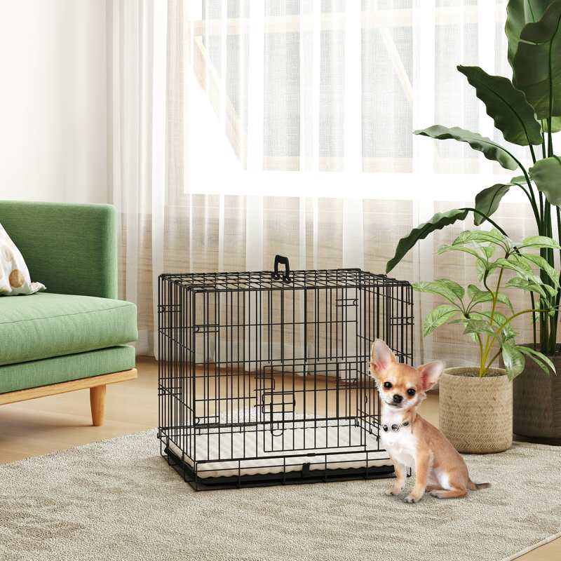 PawHut Dog Crate with 2 Doors with Tray, Soft Cushion, Foldable Metal Dog Cage for Extra Small Dogs, 60 x 40 x 50, Black