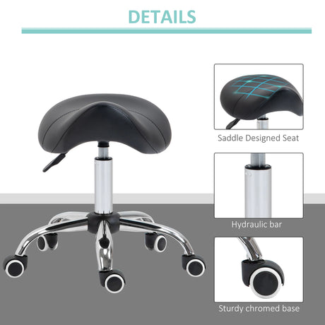 HOMCOM Cosmetic Stool 360 Rotate Height Adjustable Salon Massage Spa Chair Hydraulic Rolling Faux Leather Saddle Stool Mobility, Black