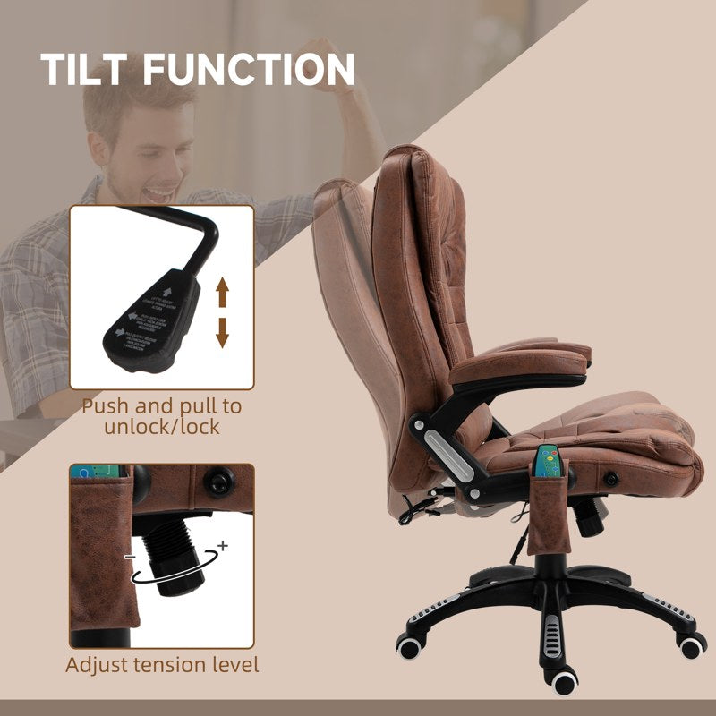 Vinsetto Massage Recliner Chair Heated Office Chair with Six Massage Points Microfiber Cloth 360 Swivel Wheels Brown