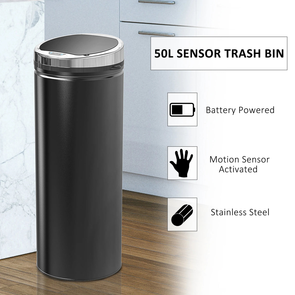 HOMCOM 50L Sensor Bin with Quiet Soft-Close Lid, Automatic Touchless Motion Sensor Rubbish Bin with Fingerprint Resistant, Stainless Steel for Hygienic Kitchen, Home Office Use, Black