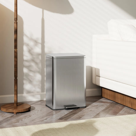 HOMCOM 20L Kitchen Bin with Soft-Close Lid and Stay-Open Function, Stainless Steel Pedal Bin with Removable Inner Bucket for Kitchen, Office, Home, Silver Tone