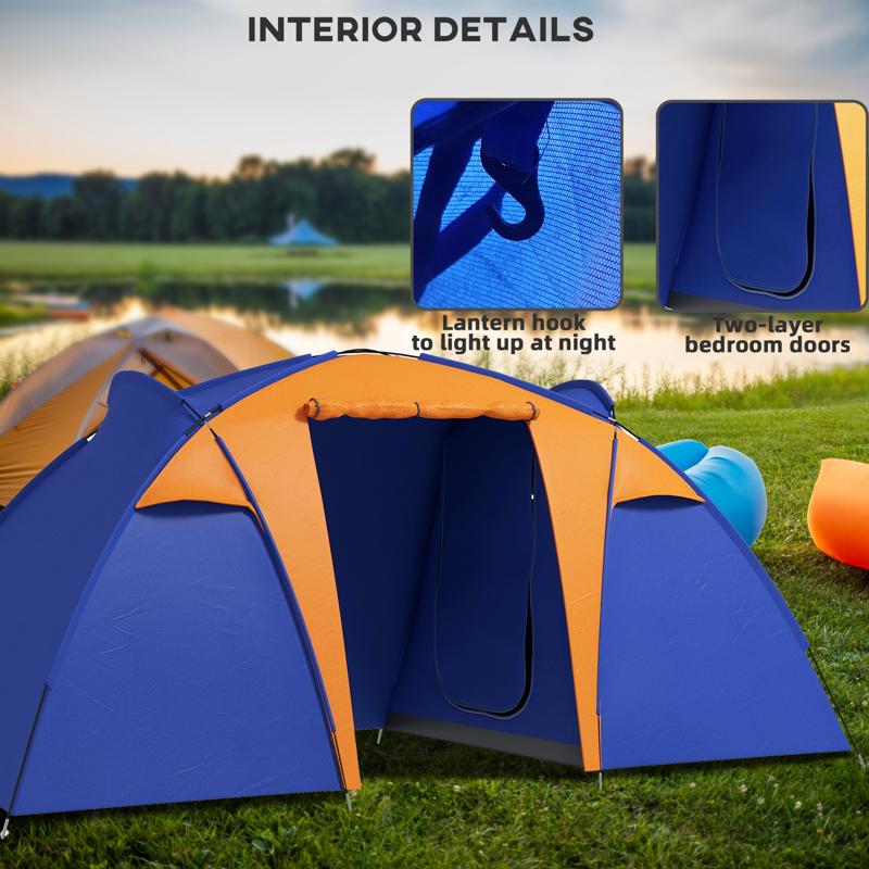 Outsunny Camping Tent with 2 Bedroom, Living Area and Porch, 4-6 Man Large Tunnel Tent, 2000mm Waterproof, Portable with Bag