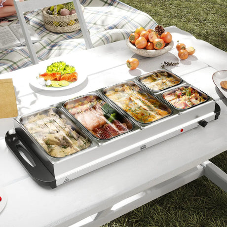 HOMCOM Electric Food Warmer 5 Tray, 9.2L Portable Buffet Server and Warming Tray with Lids, Adjustable Temperature Control and Cool Touch Handles, 450W, 3 x 2.4L and 2 x 1L, Silver Tone