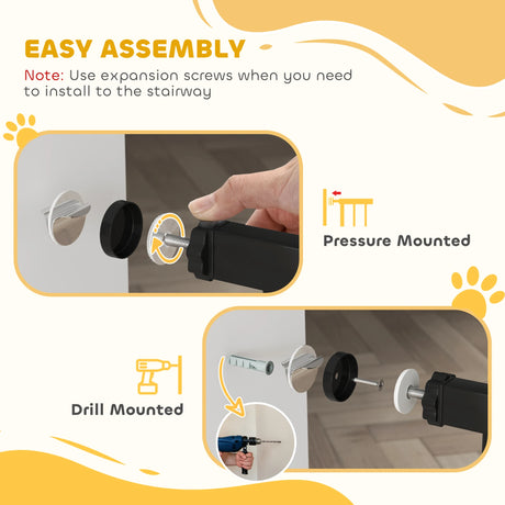 PawHut Dog Gate Pet Safety Gate Stair Barrier Pressure Fit Adjustable 76-82/86-97/101-107 cm, Black