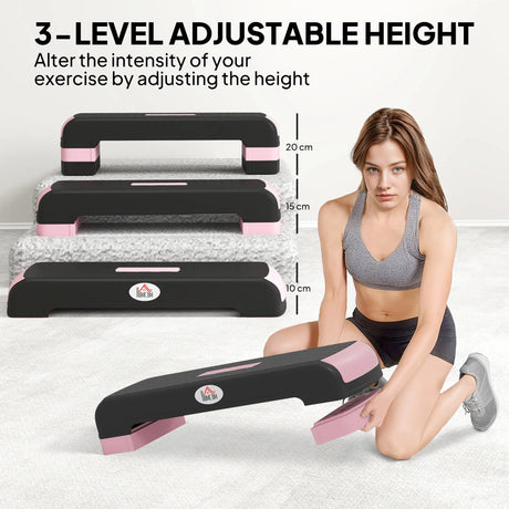 HOMCOM Aerobic Step with 3-Level Adjustable Heights for Home, Office Exercise, Black and Pink