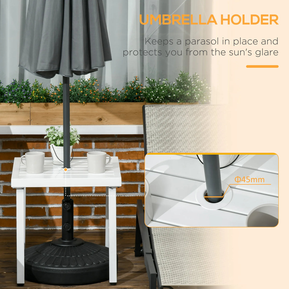 Outsunny Garden Side Table End Table Patio Coffee Table with Umbrella Hole, Steel Frame for Balcony, White