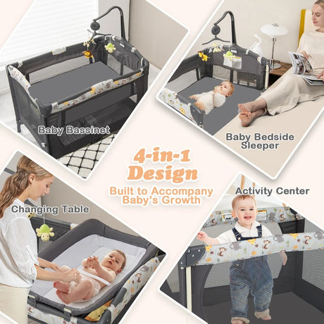 3-in-1 Foldable Baby Travel Cot with Changing Tab and Mattress-Dark Grey