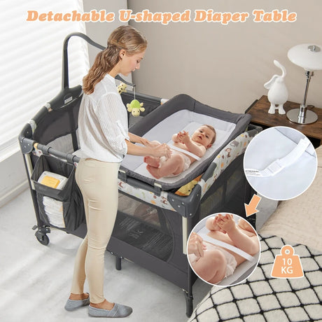 3-in-1 Foldable Baby Travel Cot with Changing Tab and Mattress-Dark Grey