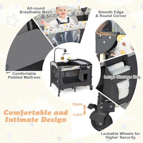 3-in-1 Foldable Baby Travel Cot with Changing Tab and Mattress-Dark Grey