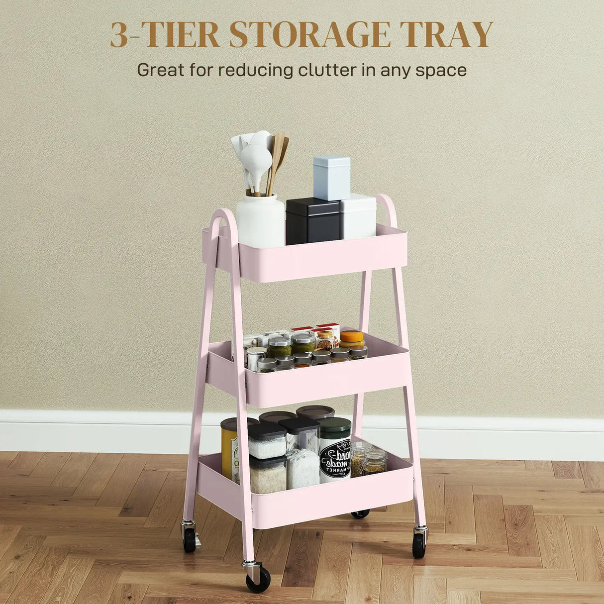 HOMCOM Three-Tier Storage Trolley - Pink