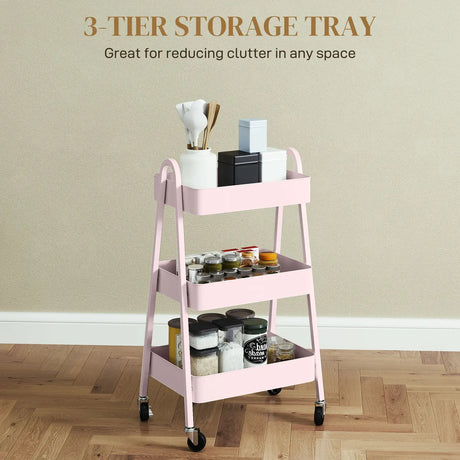HOMCOM Three-Tier Storage Trolley - Pink