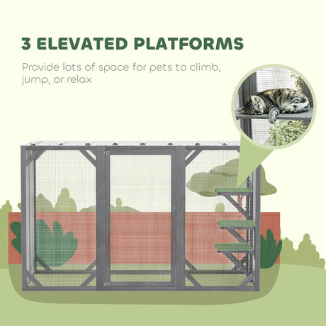 PawHut 71" Outdoor Wooden Cat House with Three Platforms, Large Door, Water-Resistant Roof, for Multiple Cats, Grey