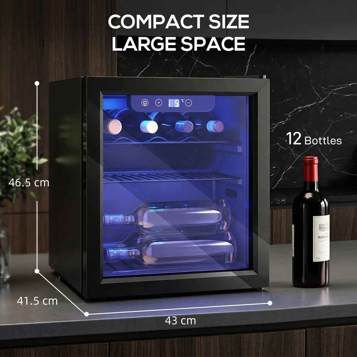 HOMCOM 12 Bottle Wine Cooler, 36 Litre Capacity, 4-16C Under Counter Drinks Beer Wine Fridge with Glass Door, LED Light, Black