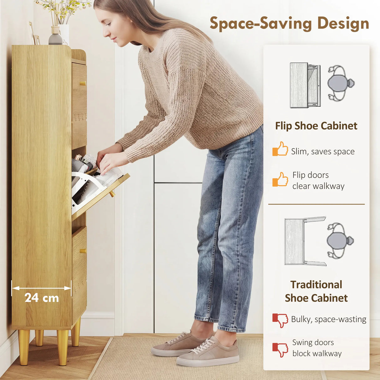 HOMCOM Narrow Shoe Cabinet, Modern Shoe Storage Cabinet with 3 Flip Drawers, Oak