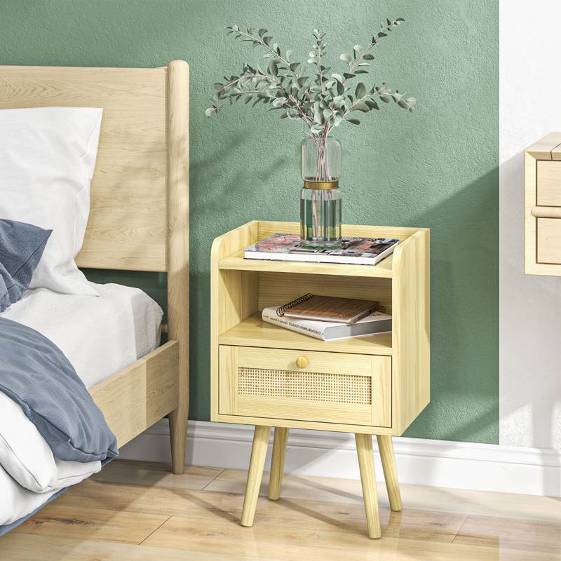 HOMCOM Set of Two Rattan Weave Bedside Tables - Wood Effect