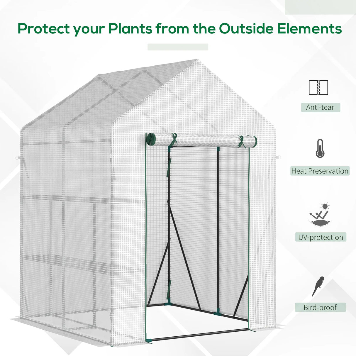 Outsunny Walk In Greenhouse with 2 Tier Shelf, Portable Gardening Plant Grow House Tomato Greenhouse with Roll up Zip Panel Door, Reinforced PE Cover, 143 x 143 x 195cm, Green