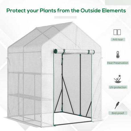 Outsunny Walk In Greenhouse with 2 Tier Shelf, Portable Gardening Plant Grow House Tomato Greenhouse with Roll up Zip Panel Door, Reinforced PE Cover, 143 x 143 x 195cm, Green