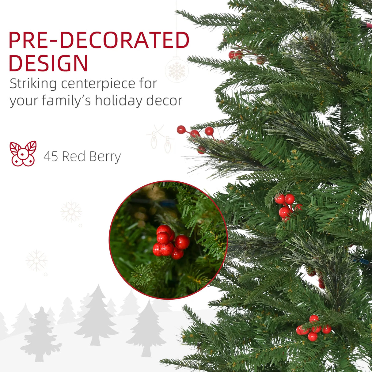 HOMCOM 7ft Pencil Artificial Christmas Tree with Realistic Branches, Red Berries, Auto Open, Green
