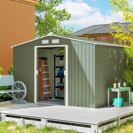 Outsunny 9 x 6ft Metal Garden Shed, Outdoor Storage Tool House with Ventilation Slots, Foundation Kit and Lockable Double Doors, Light Green