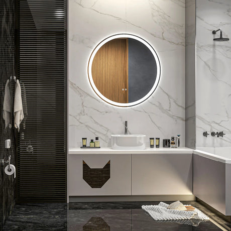 kleankin Round Bathroom Mirror with LED Lights, Wall Mount Dimmable Makeup Mirror with 3 Temperature Colours, Defogging Film and Memory Function, Frameless, Hardwired, 70 x 70 cm