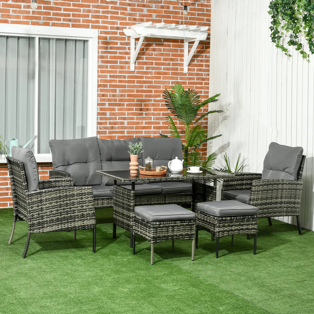 Outsunny 5 Seater Rattan Garden Furniture Set, 2 Armchairs, 3-Seater Wicker Sofa, 2 Footstools and Glass Table, 6 Piece Patio Rattan furniture Sofa Sets with Cushions for Conservatory, Mixed Grey