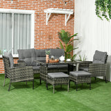 Outsunny 5 Seater Rattan Garden Furniture Set, 2 Armchairs, 3-Seater Wicker Sofa, 2 Footstools and Glass Table, 6 Piece Patio Rattan furniture Sofa Sets with Cushions for Conservatory, Mixed Grey