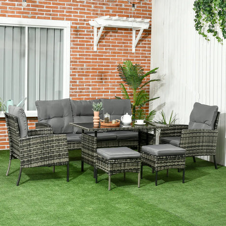 Outsunny 5 Seater Rattan Garden Furniture Set, 2 Armchairs, 3-Seater Wicker Sofa, 2 Footstools and Glass Table, 6 Piece Patio Rattan furniture Sofa Sets with Cushions for Conservatory, Mixed Grey