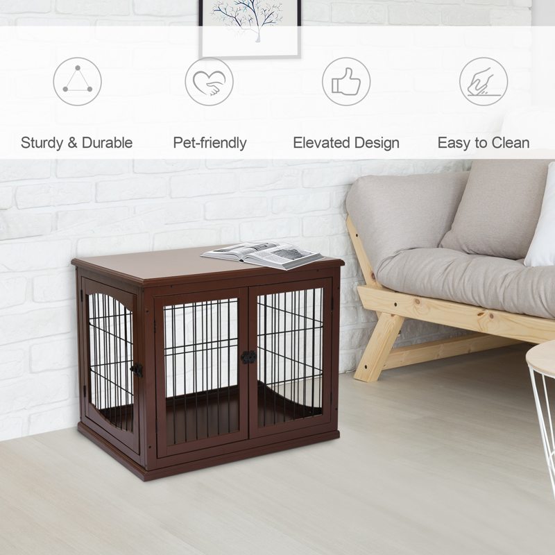 PawHut Dog Crate, Furniture Style Puppy Cage End Table, Pet Kennel House with 3 Doors for Small Dog, Brown 81 x 58.5 x 66 cm