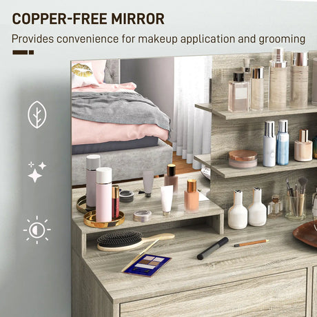 HOMCOM Dressing Table and Stool Set, with Storage - Wood-Effect