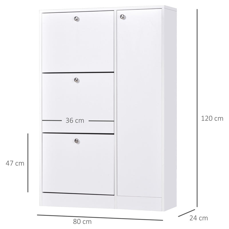 HOMCOM Shoe Cabinet with 3 Flip Drawers, Narrow Shoe Storage Cabinet with 5-tier Cupboard and Adjustable Dividers for Hallway, Entryway, White