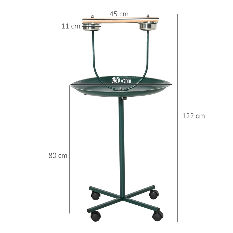 PawHut Bird Perch Stand with Perch, Four Wheels, Feeding Bowls for Small & Medium Birds, Green