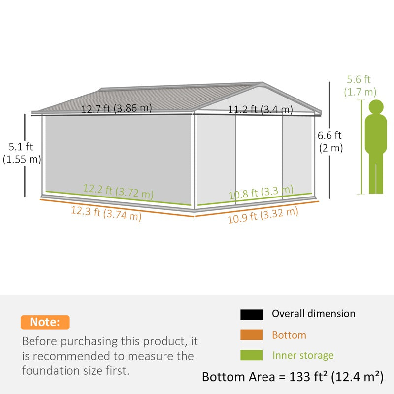 Outsunny 13 x 11ft Metal Garden Shed, Outdoor Storage Tool House with Ventilation Slots, Foundation Kit and Lockable Double Doors, Yellow