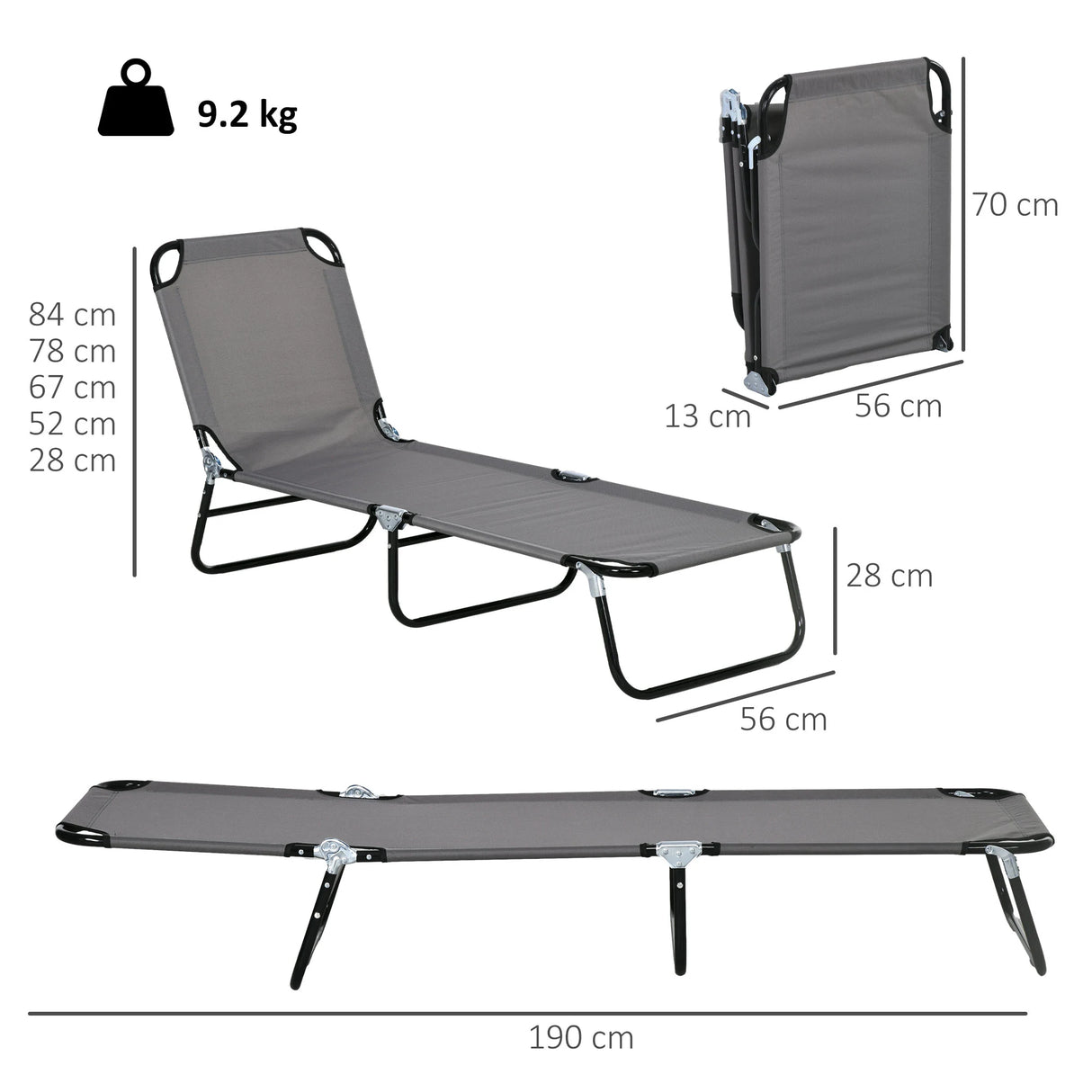 Outsunny Garden Sun Lounger, with Five-Position Back - Grey