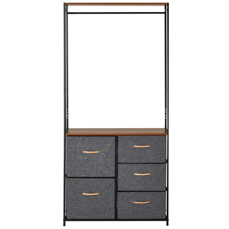 HOMCOM Chest of Drawers with Coat rack Steel Frame 5 Drawers  Bedroom Hallway Home Furniture Black Brown