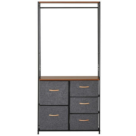 HOMCOM Chest of Drawers with Coat rack Steel Frame 5 Drawers  Bedroom Hallway Home Furniture Black Brown