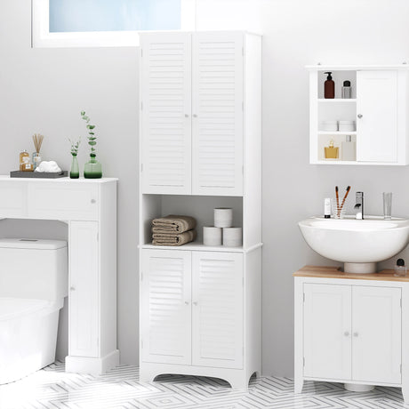 HOMCOM Tall Freestanding Bathroom Cabinet Retro Shutters w/ 3 Compartments Shelves Elevated Base Narrow Organiser White 60L x 30W x 182.5H cm