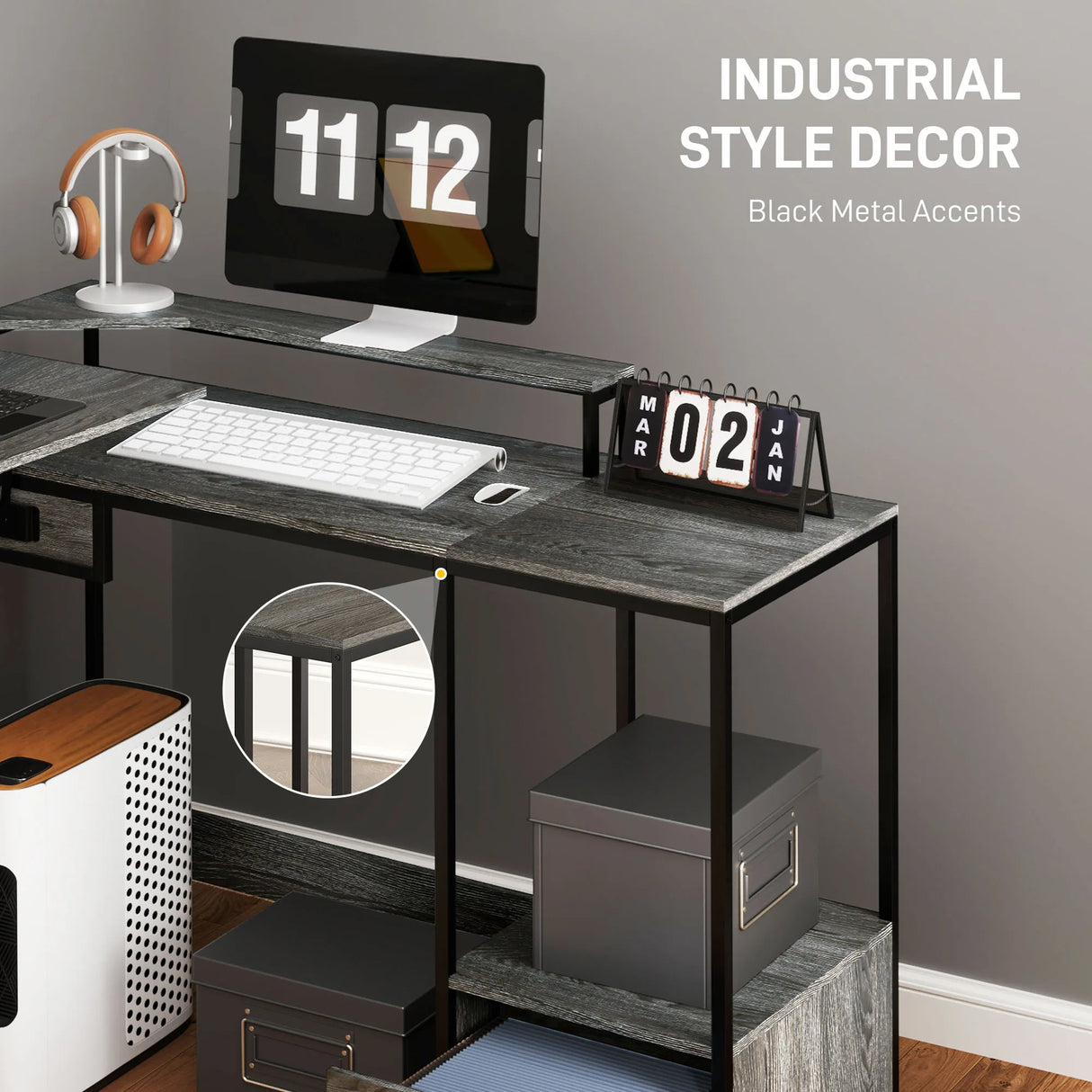 HOMCOM Industrial 'L' Shaped Multi-Work Desk - Charcoal Grey