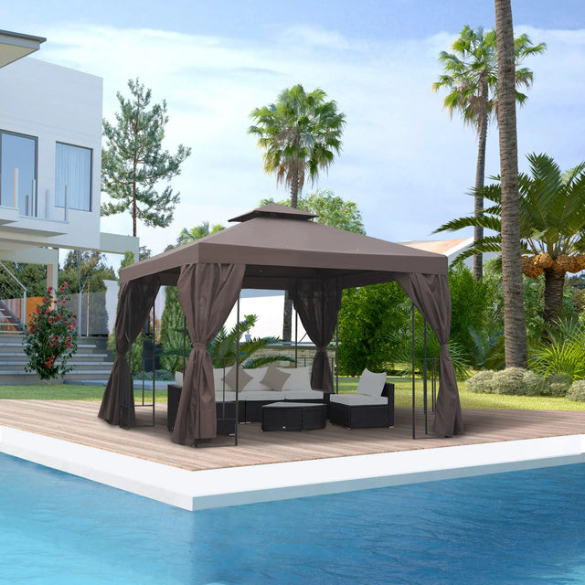 Outsunny 3 x 3 m Garden Gazebo Double Roof Marquee Patio Wedding Party Tent Canopy Shelter with Sidewalls (Brown)