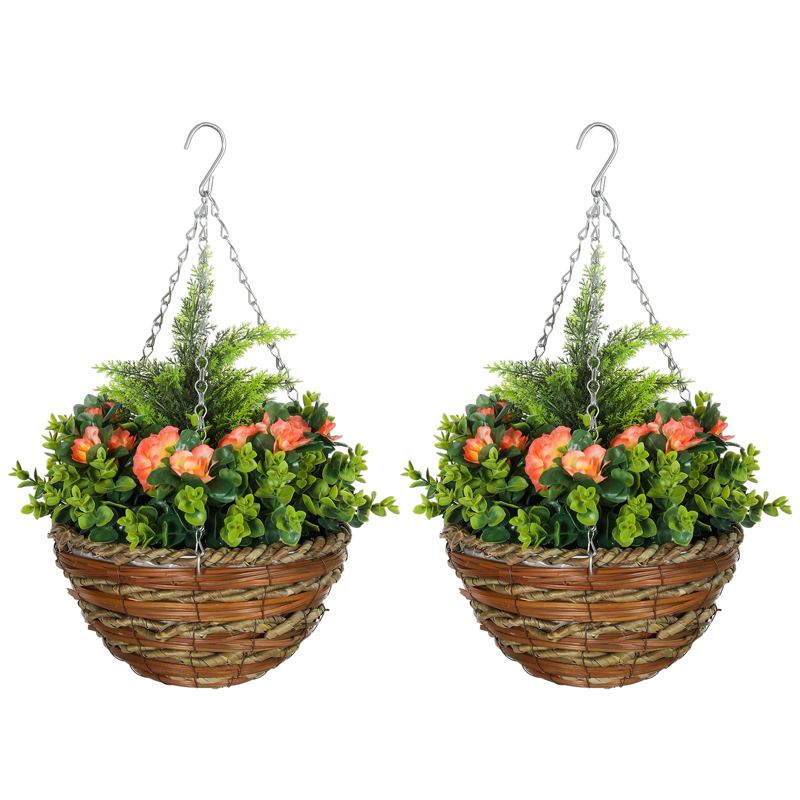 Outsunny Pack of 2 Faux Plant Artificial Lisianthus Flowers Hanging Planter with Basket for Indoor Outdoor Decoration, Orange