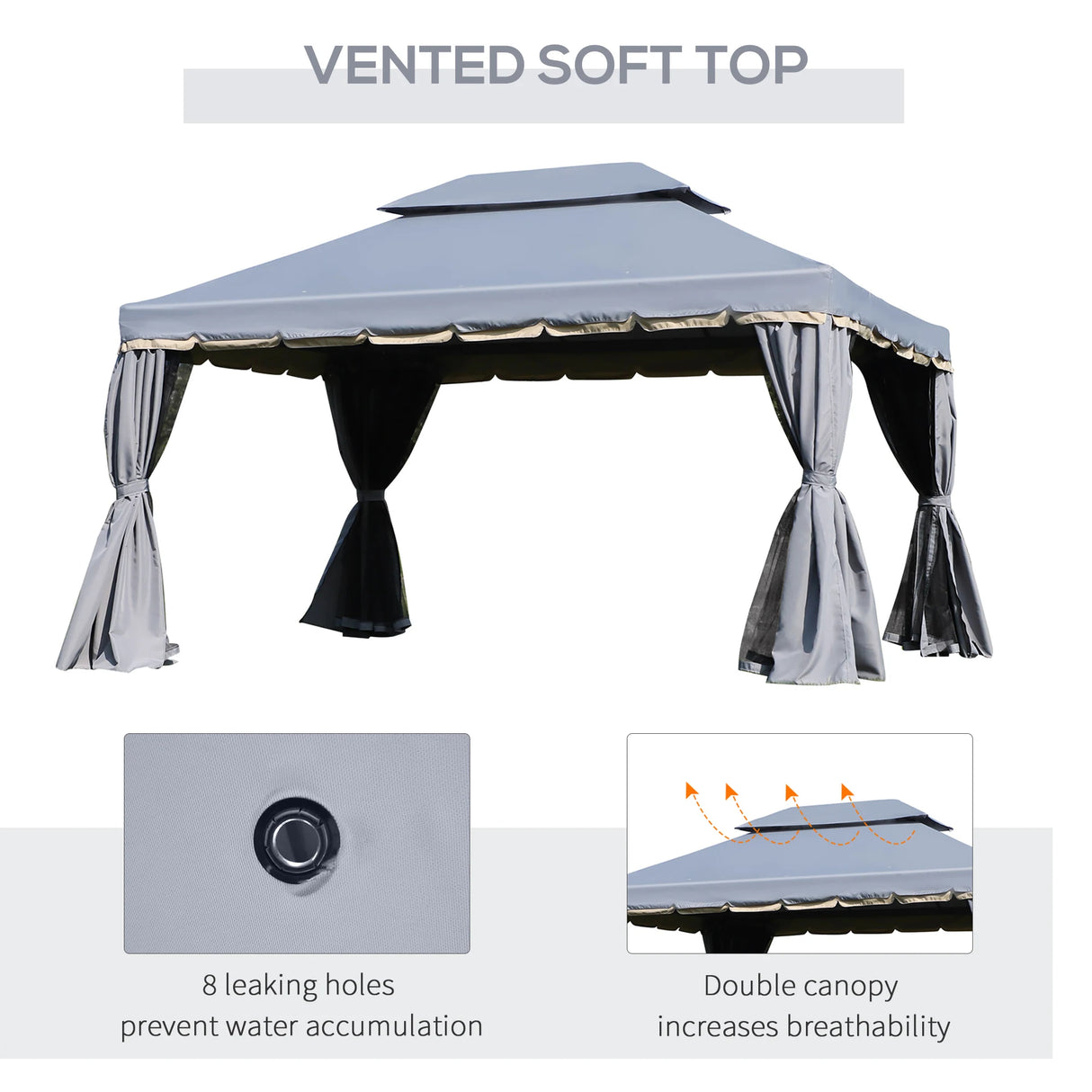 Outsunny 3 x 4m Aluminium Garden Gazebo, Marquee Canopy Shelter Pavilion Party Tent with Nets and Curtains for Garden and Deck, Grey