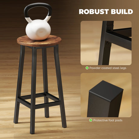 HOMCOM Bar Stools Set of 2 Breakfast Bar Stools with Footrest, Industrial Round, 32 x 32 x 65 cm, Rustic Brown