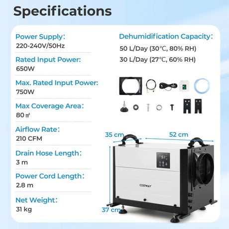 50/70L/Day Crawl Space Dehumidifier with 3 Modes and 24H Timer-Black-50L
