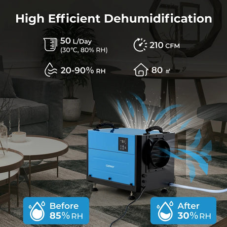 50/70L/Day Crawl Space Dehumidifier with 3 Modes and 24H Timer-Blue-50L