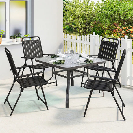 Outsunny Folding Garden Chairs, Garden Dining Chairs with Plastic Slatted Seat Back, Armrests, Steel Frame, Set of 4, Black