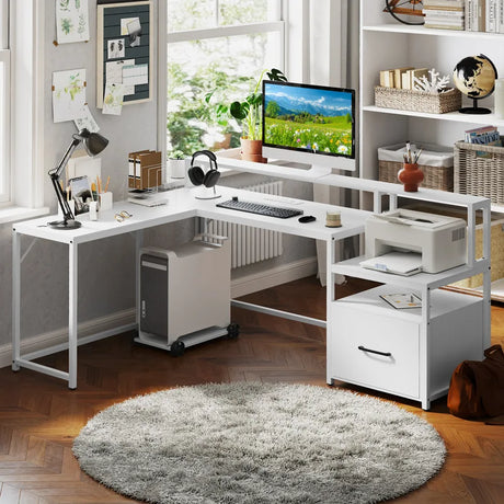 L-shaped Desk with Power Outlet and File Drawer-White
