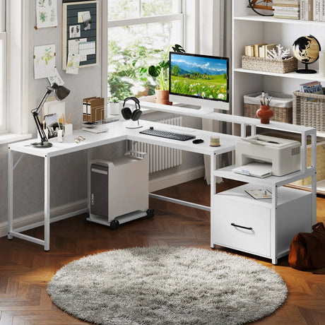 L-shaped Desk with Power Outlet and File Drawer-White