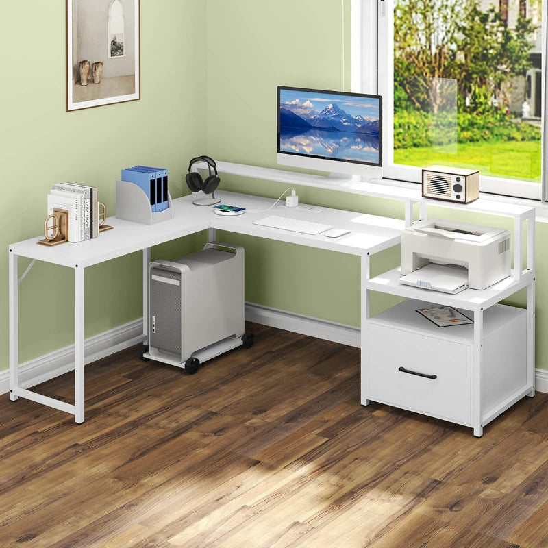 L-shaped Desk with Power Outlet and File Drawer-White