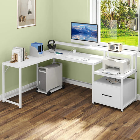 L-shaped Desk with Power Outlet and File Drawer-White